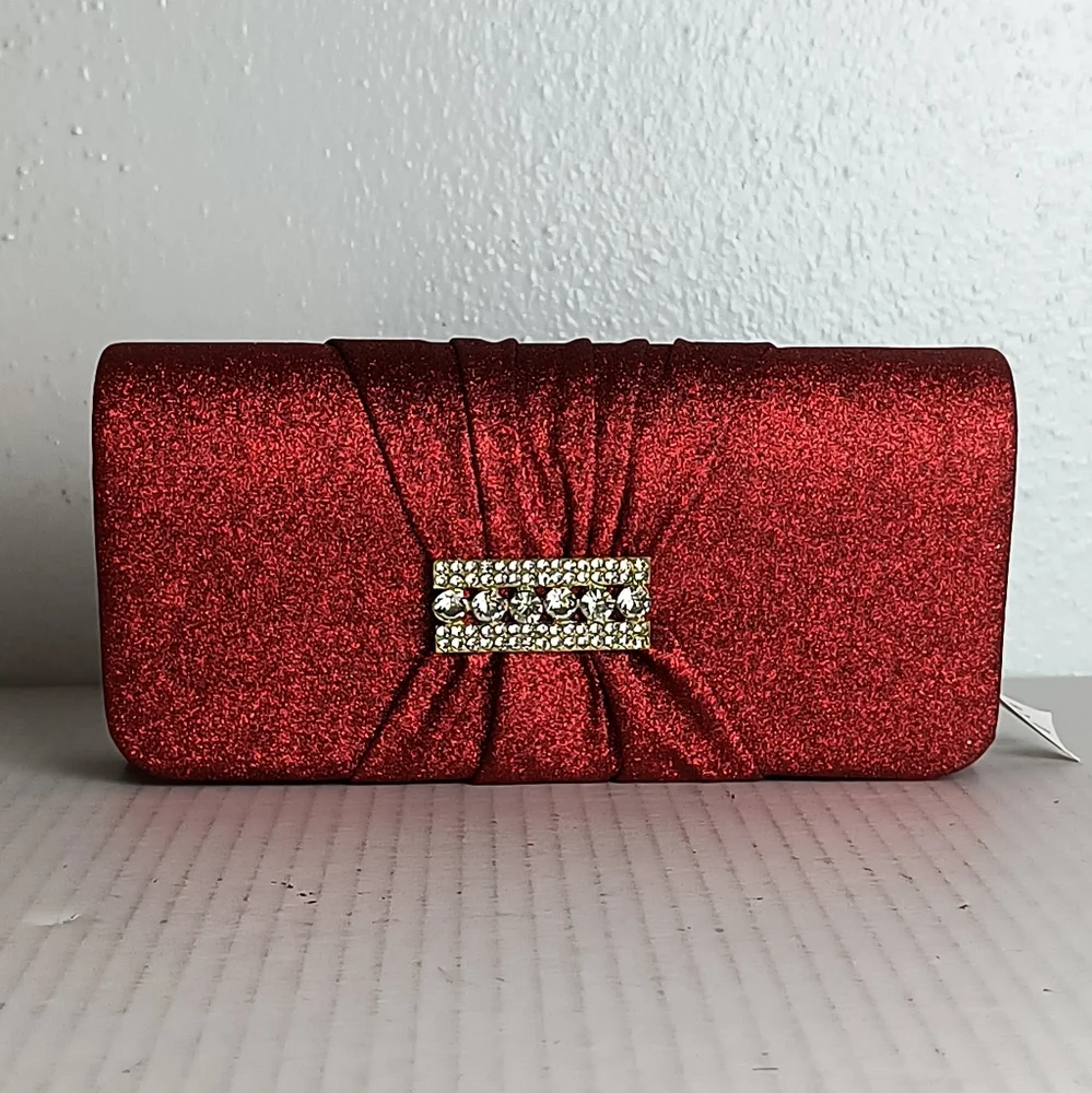 Shimmer Red Vampire Satin Evening Clutch Bag Snap Closure Glitter Red Rhinestone